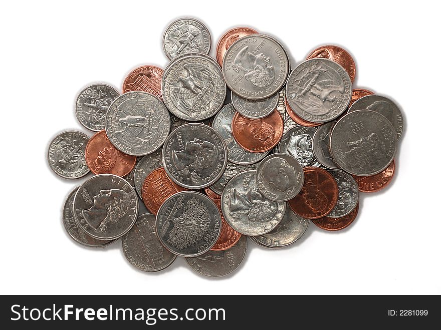 Coins white and red isolated on white background. Copper and silver.