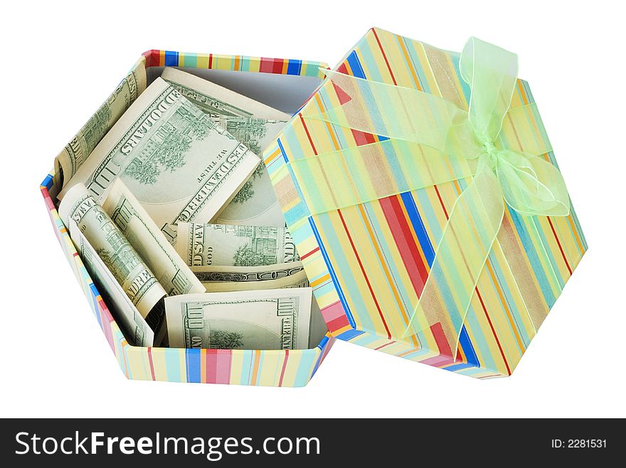 Gift Box with the dollars pile on white