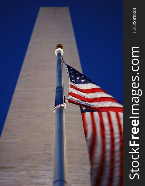 Washington monument and the flag. Washington monument and the flag