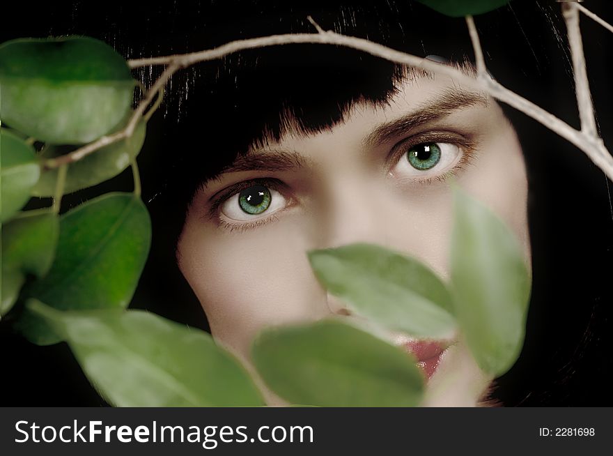 Beautiful High fashion Model posing between the leaves. Beautiful High fashion Model posing between the leaves