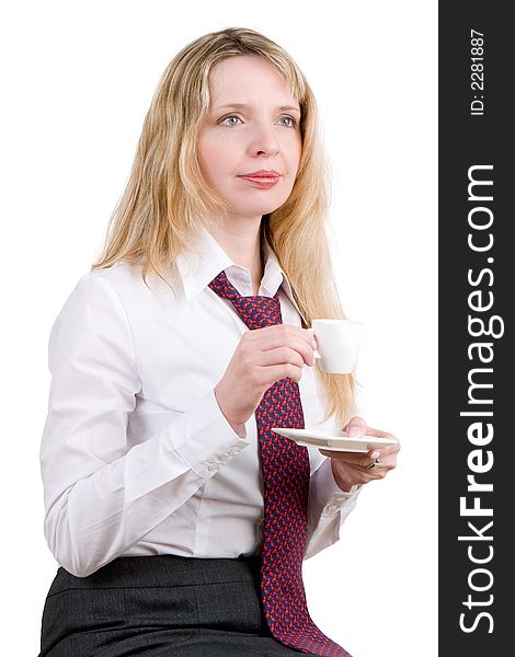 A woman dreaming and holding a cup of coffee (1). A woman dreaming and holding a cup of coffee (1)