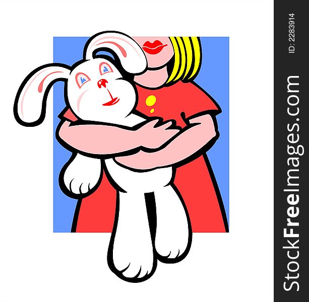 The girl in a red dress holds in hands of the white rabbit. The girl in a red dress holds in hands of the white rabbit.