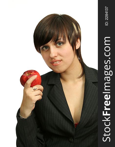 Friendly businesswoman with red apple, isolated on white. Friendly businesswoman with red apple, isolated on white