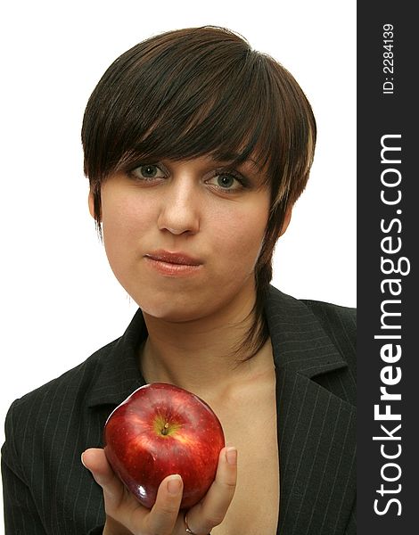 The young girl with a red apple, isolated on white. The young girl with a red apple, isolated on white