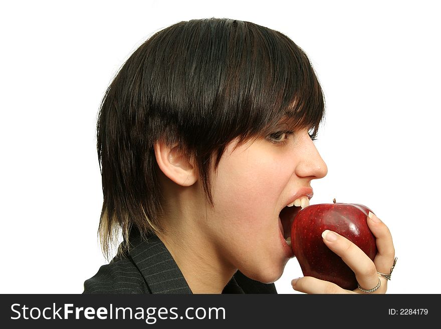 The young girl with a red apple, isolated on white. The young girl with a red apple, isolated on white