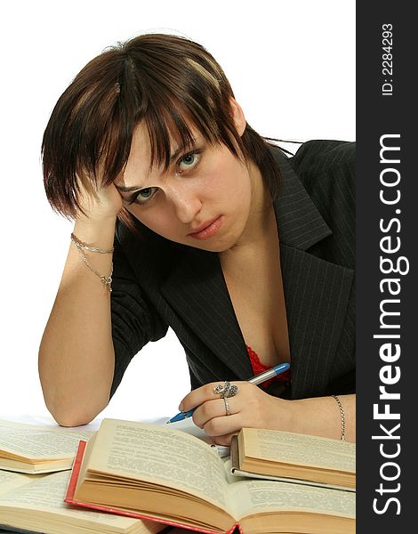 The young girl with books, isolated on white