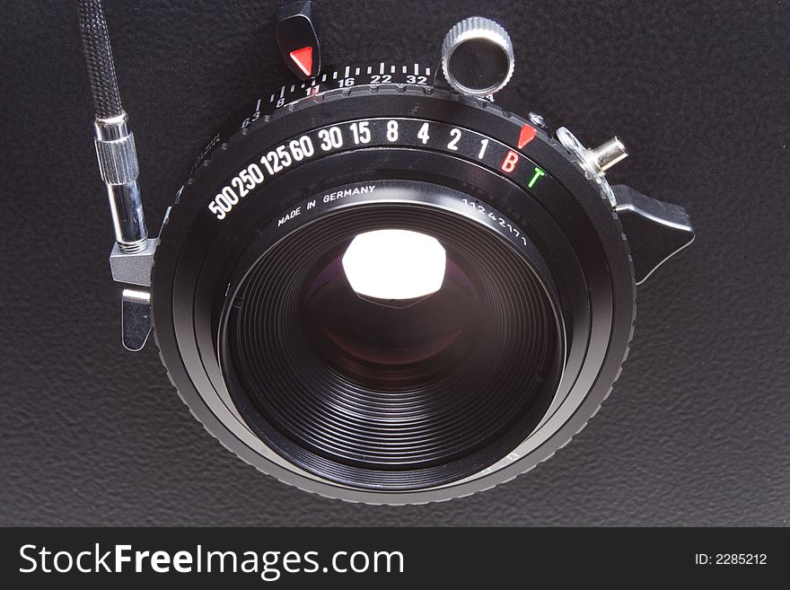 A close up of a 5 x 4 inch camera lens made by Rodenstock. A close up of a 5 x 4 inch camera lens made by Rodenstock