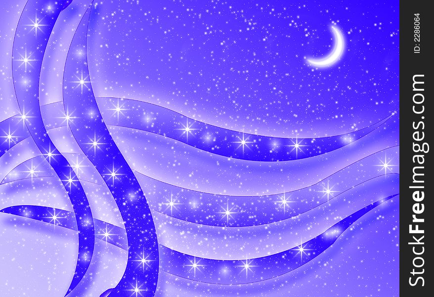 A blue background with shapes, moon and stars. A blue background with shapes, moon and stars