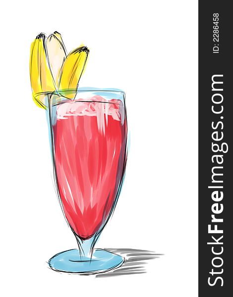 Illustration of strawberry cocktail with banana painted in water-color