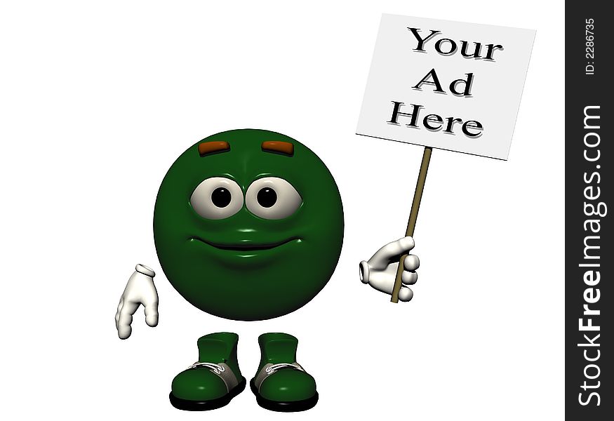 A bright green smiling emoticon holding a sign just right for your ad. Computer Generated Image, 3D models. A bright green smiling emoticon holding a sign just right for your ad. Computer Generated Image, 3D models.