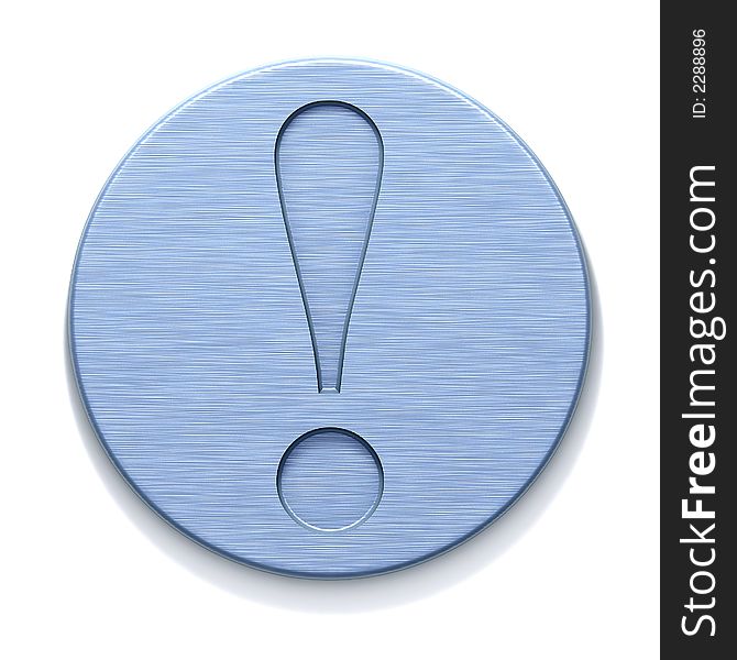 3D rendered azure metal plate with a badge of exclamation. Isolated element for design.