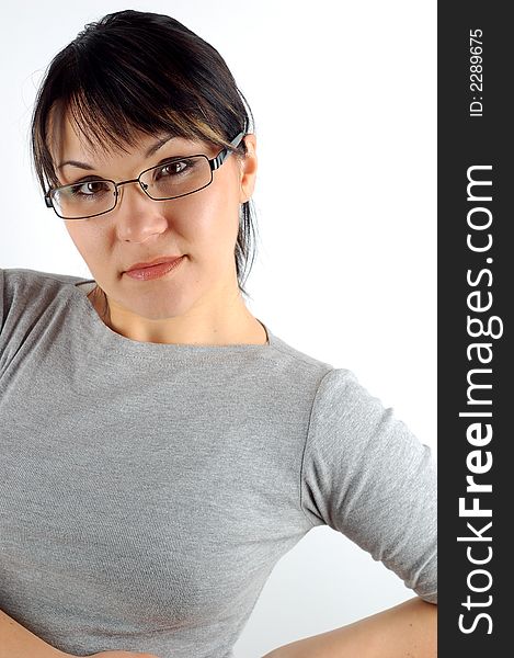 Brunette woman with glasses on white background. Brunette woman with glasses on white background