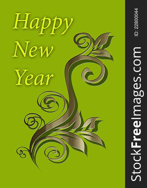 Happy new year, green card with  designed flowers