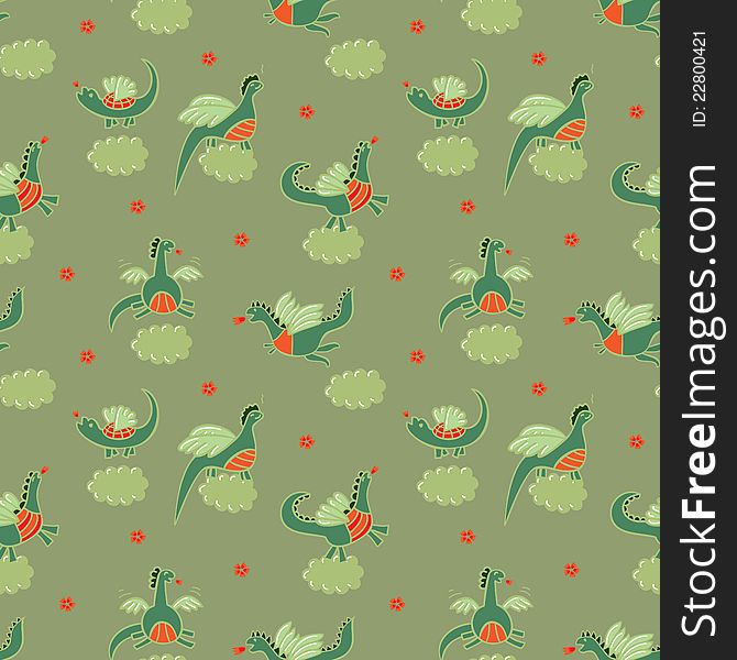 Pattern in children's style, the dragons flying in the cloudy sky, fire-breathing dragons in the background