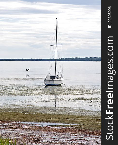 A sailboat stranded in shallow water on an overcast day. Crystal Beach, Florida.