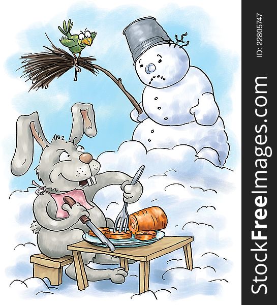 A rabbit eat the snowman’s nose for the lunch. A rabbit eat the snowman’s nose for the lunch.
