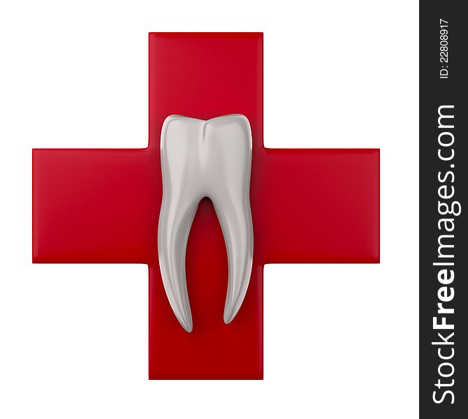 CG stylized tooth on red cross with white background. CG stylized tooth on red cross with white background