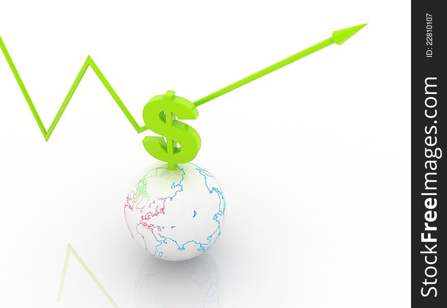 3d diagram of dollar with a arrow on a globe. 3d diagram of dollar with a arrow on a globe