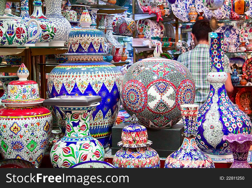 Porcelain vases, urnes and pitchers at Turkish Bazar. Porcelain vases, urnes and pitchers at Turkish Bazar