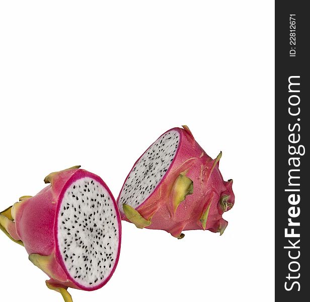 A cut-out of a sliced pitahaya. A cut-out of a sliced pitahaya