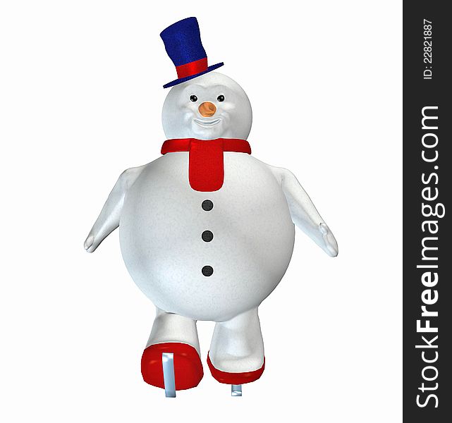 Snowman with a scarf, a hat and ski shoes posing. Snowman with a scarf, a hat and ski shoes posing