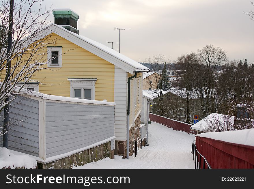 Winter view on wooden houses of Porvoo, Finland, January 2012