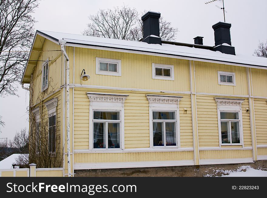 Winter view on wooden houses of Porvoo, Finland, January 2012