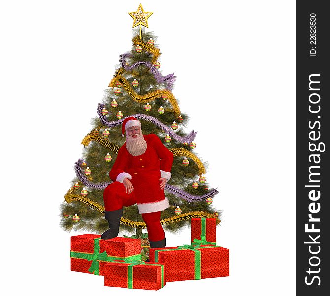 Illustration of a full body Santa Claus with presents and a Christmas tree.