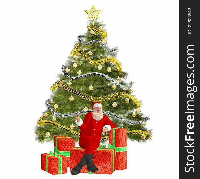 Illustration of a full body Santa Claus with presents and a Christmas tree.