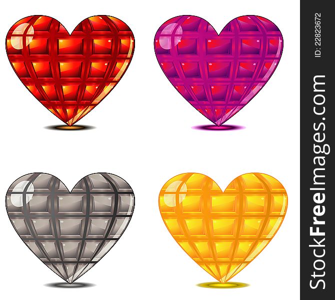 Set of colorful glossy faceted hearts with shadows. Set of colorful glossy faceted hearts with shadows