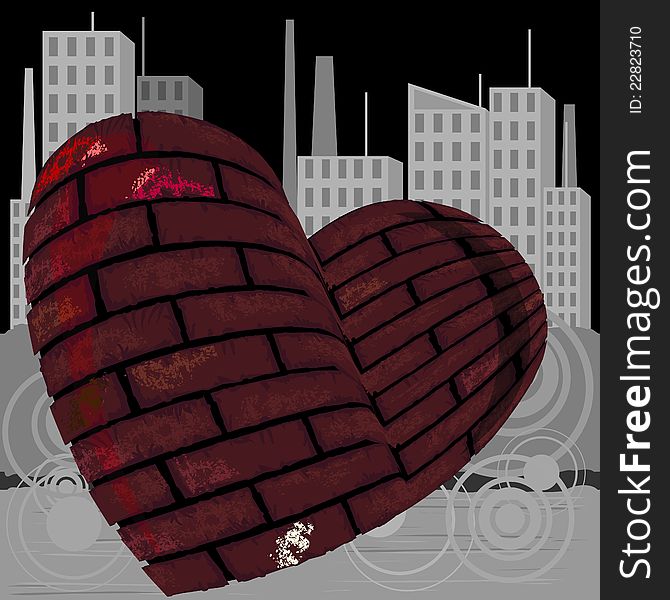 Grey urban landscape and heart made of bricks. Grey urban landscape and heart made of bricks