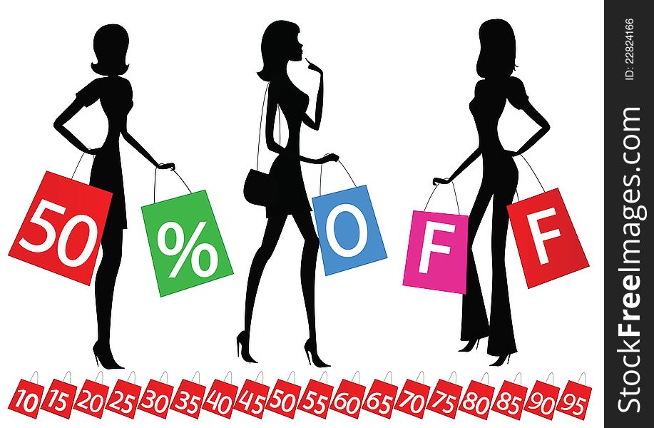 Women shopping with inscription \\50 % OFF\\ on their bags. Also bags with different percents on the bottom. Women shopping with inscription \\50 % OFF\\ on their bags. Also bags with different percents on the bottom.