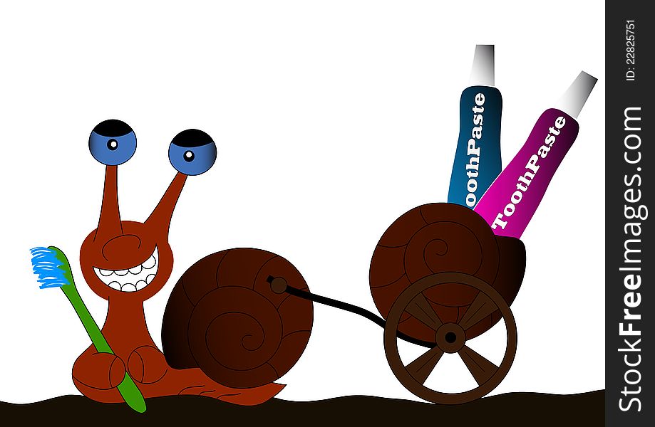 Laughing snail riding in a carriage toothpaste. Laughing snail riding in a carriage toothpaste