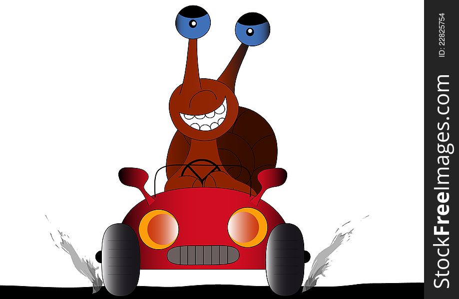 Laughing snail rides in the car. Laughing snail rides in the car