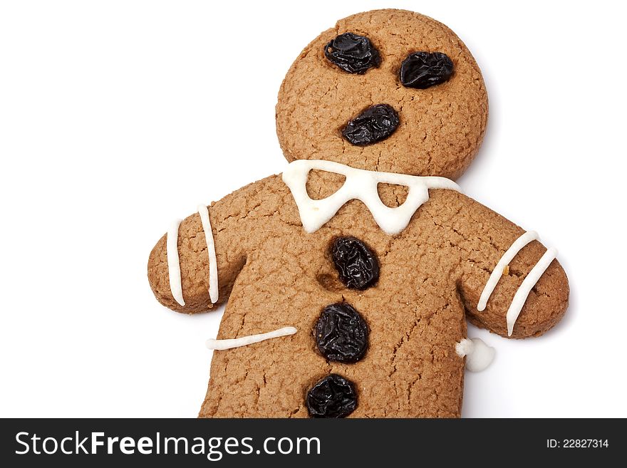 Close up gingerbread man on white background.