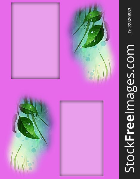 Two greeting cards with green leaves on pink background