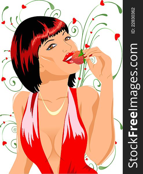 The illustration shows a young, beautiful, sexy girl who eats strawberries. The illustration shows a young, beautiful, sexy girl who eats strawberries.