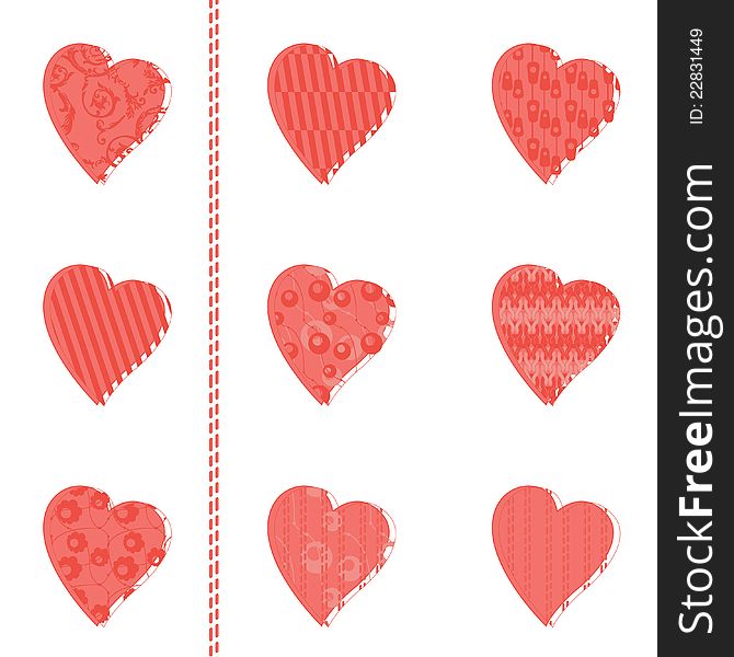 Set of nine similar patterned hearts, can be used as a postcard design. Set of nine similar patterned hearts, can be used as a postcard design.
