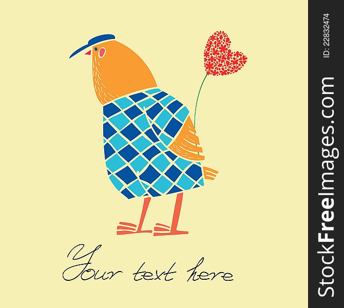 Greeting card, a bird holding a flower, a chicken in the background, Valentine's Day, Woman's Day. Greeting card, a bird holding a flower, a chicken in the background, Valentine's Day, Woman's Day