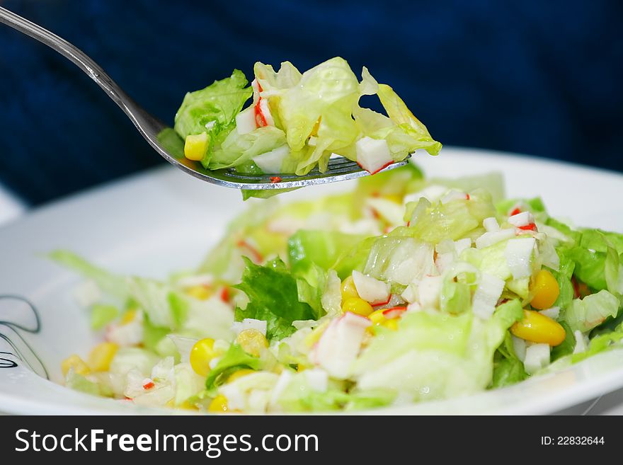 Fresh green salad with crab meat