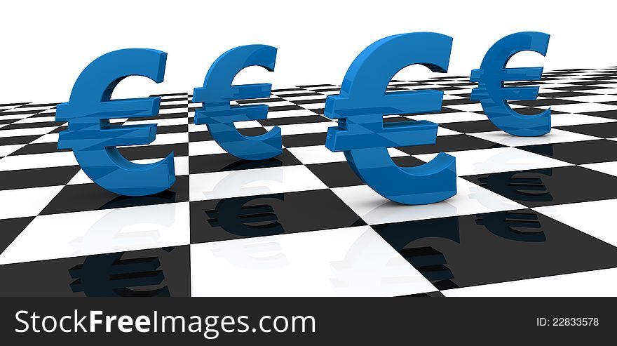 Some euro symbols and a chessboard; concept of challenge (3d render). Some euro symbols and a chessboard; concept of challenge (3d render)