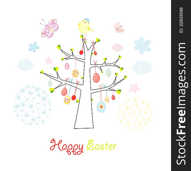 Graphical Easter tree with a chicken on a white background with clouds and butterflies