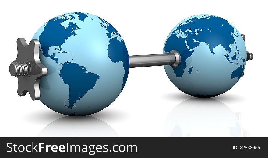 One dumbbell with earth globes instead of plates (3d render). One dumbbell with earth globes instead of plates (3d render)
