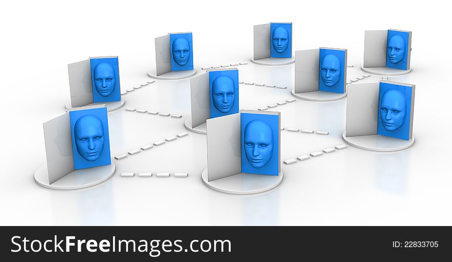 Several books with a blue face that goes out from the pages; the books are connected each other (3d render). Several books with a blue face that goes out from the pages; the books are connected each other (3d render)