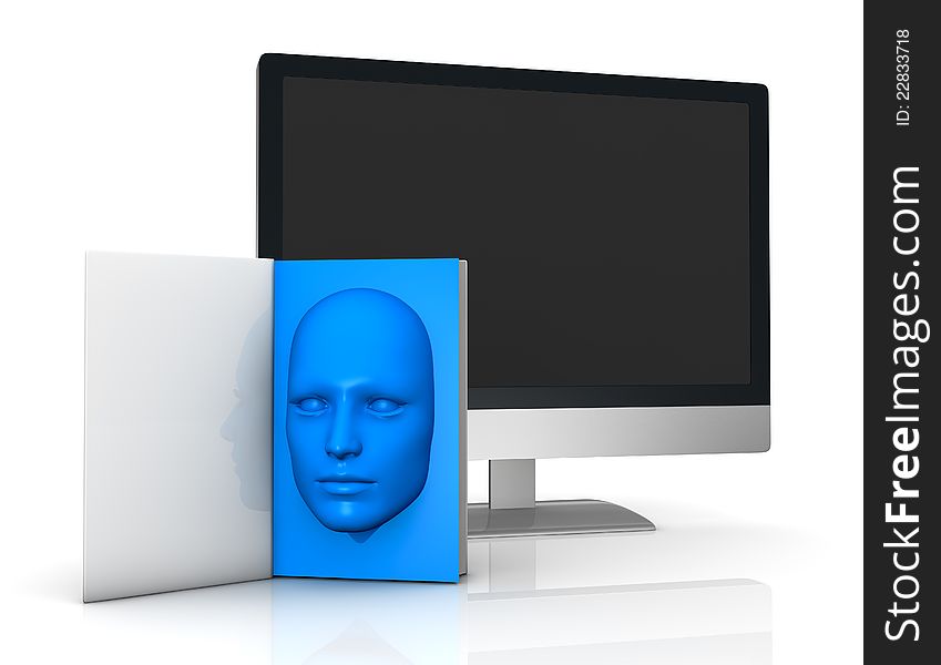 One book with a blue face that goes out from the pages and a computer in background (3d render). One book with a blue face that goes out from the pages and a computer in background (3d render)