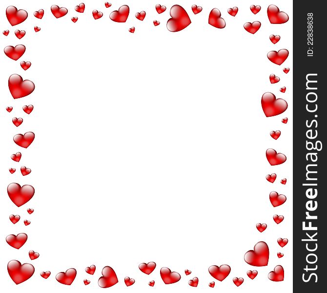 Frame made from red glossy hearts isolated on white. Frame made from red glossy hearts isolated on white