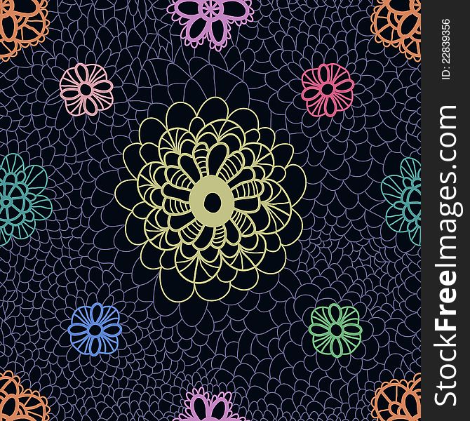 Multicoloured lacy seamless pattern on dark background. Vector illustration
