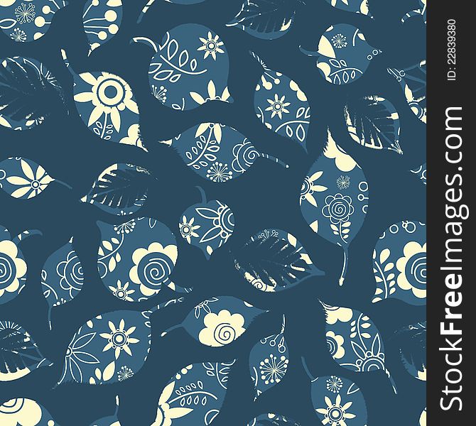Seamless pattern with leaves shapes filled with hand drawn floral ornate elements. Vector illustration