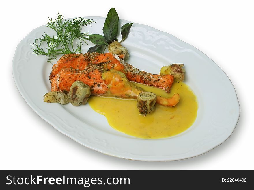 Fried red fish under sauce with vegetables. Fried red fish under sauce with vegetables