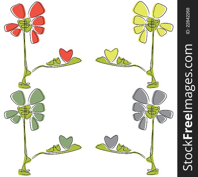 Colored nice illustration with four flowers and hearts. Colored nice illustration with four flowers and hearts